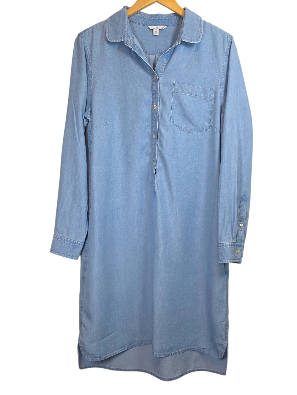 LL Bean Signature 100% Lyocell Shirt Shift Dress Chambray Sz 12 Coastal Nautical